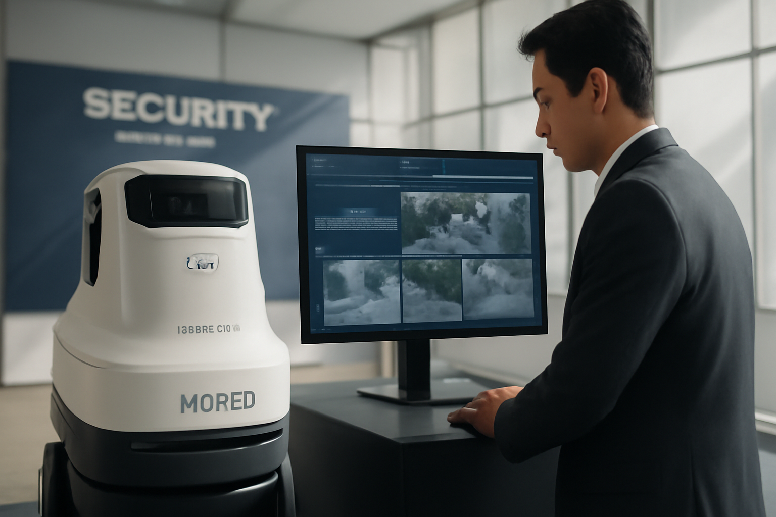Illustrazione generata con IA per: Hyundai AutoEver presenta una soluzione di sicurezza che unisce robot di pattuglia e analisi video AI