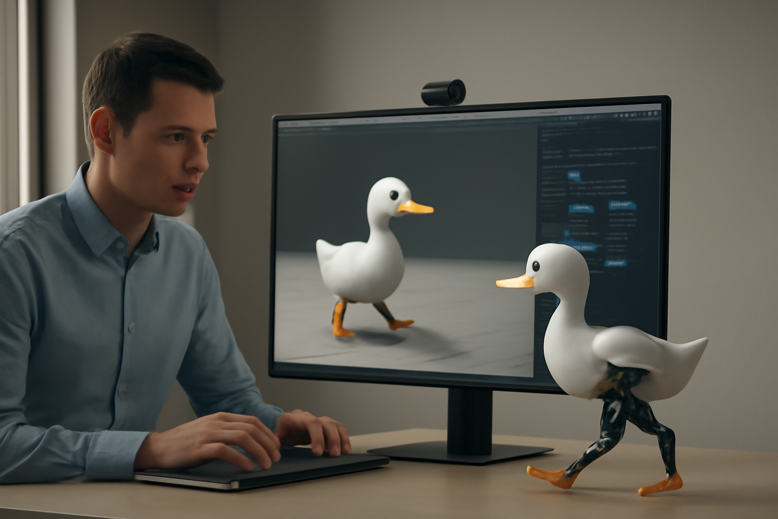 Illustrazione generata con IA per: Microduck impara a camminare in simulazione e passa al robot fisico