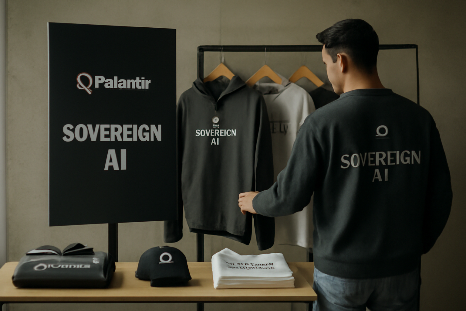 Illustrazione generata con IA per: Palantir porta l'AI sovrana tra felpe e t-shirt: a Seul il pop-up che trasforma gli investitori in fan
