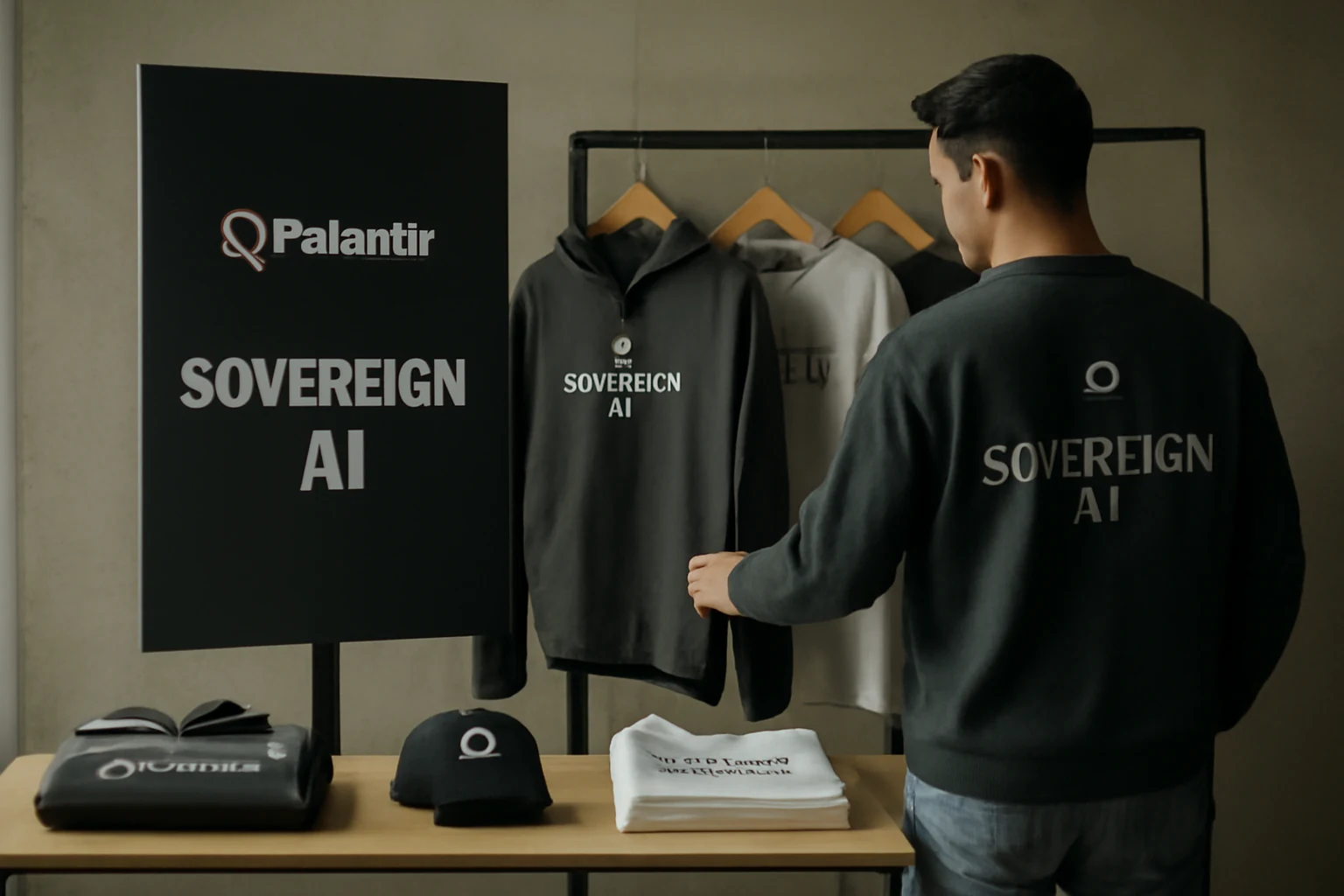 Illustrazione generata con IA per: Palantir porta l'AI sovrana tra felpe e t-shirt: a Seul il pop-up che trasforma gli investitori in fan