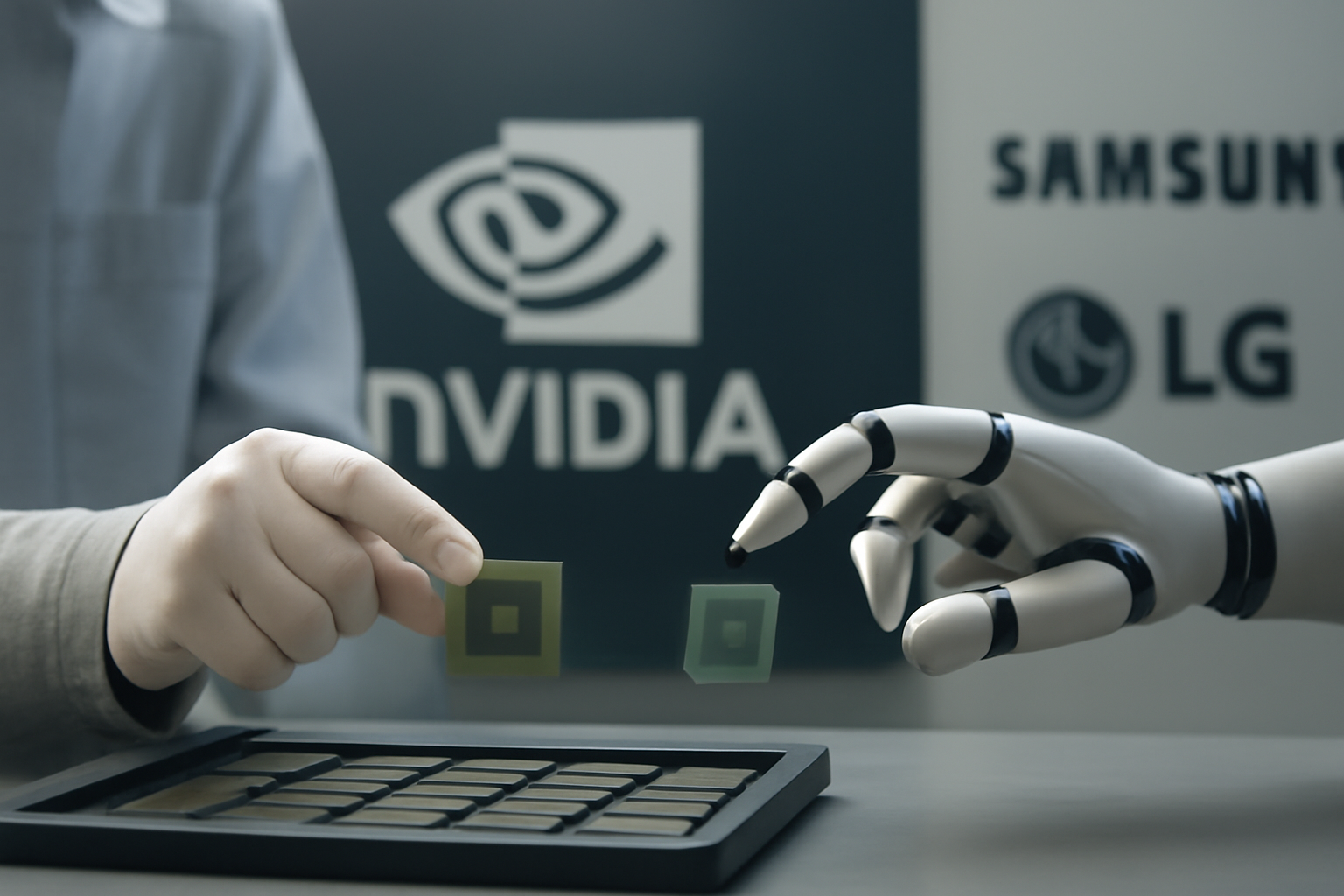 Illustrazione generata con IA per: Nvidia rafforza la filiera dei componenti in Corea: substrati per l'AI e sensori per i robot
