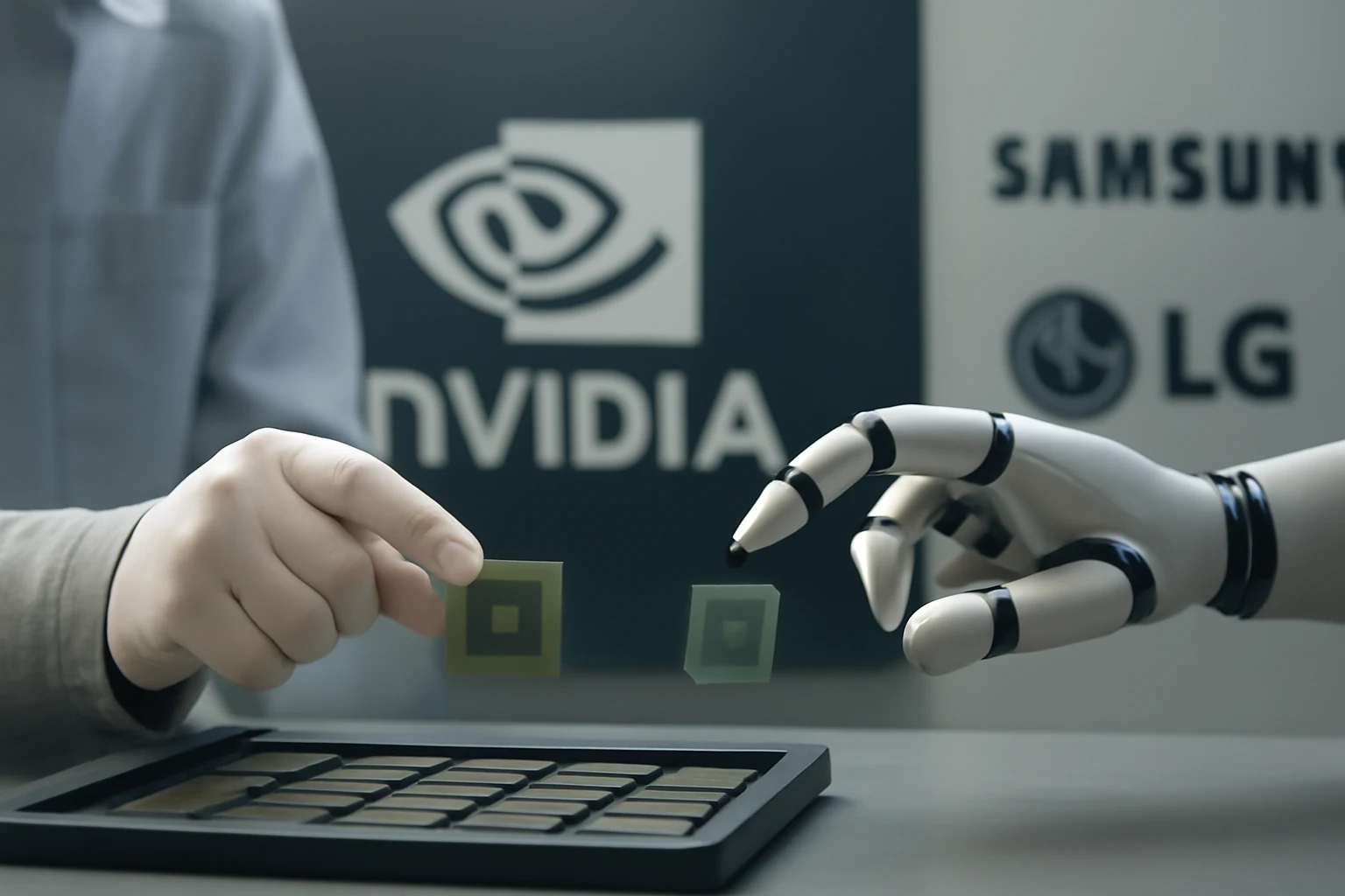 Illustrazione generata con IA per: Nvidia rafforza la filiera dei componenti in Corea: substrati per l'AI e sensori per i robot