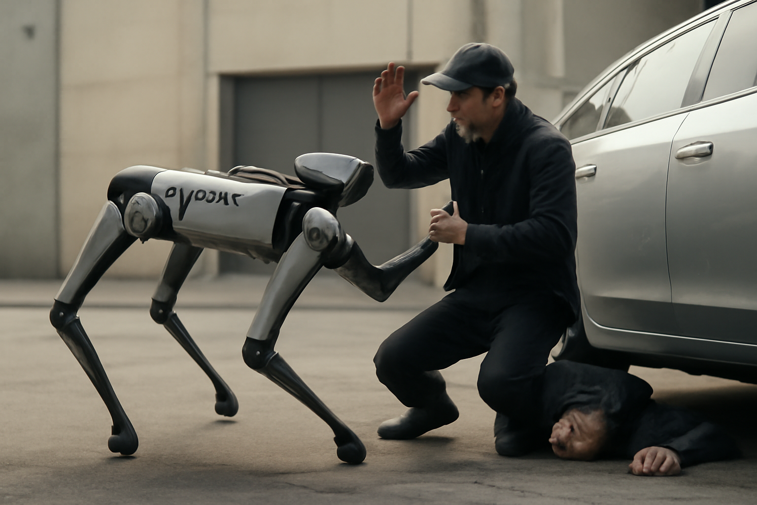 Illustrazione generata con IA per: Unitree mostra H2-X, il robot «guardiano» che disarma e solleva auto: solo un video promozionale