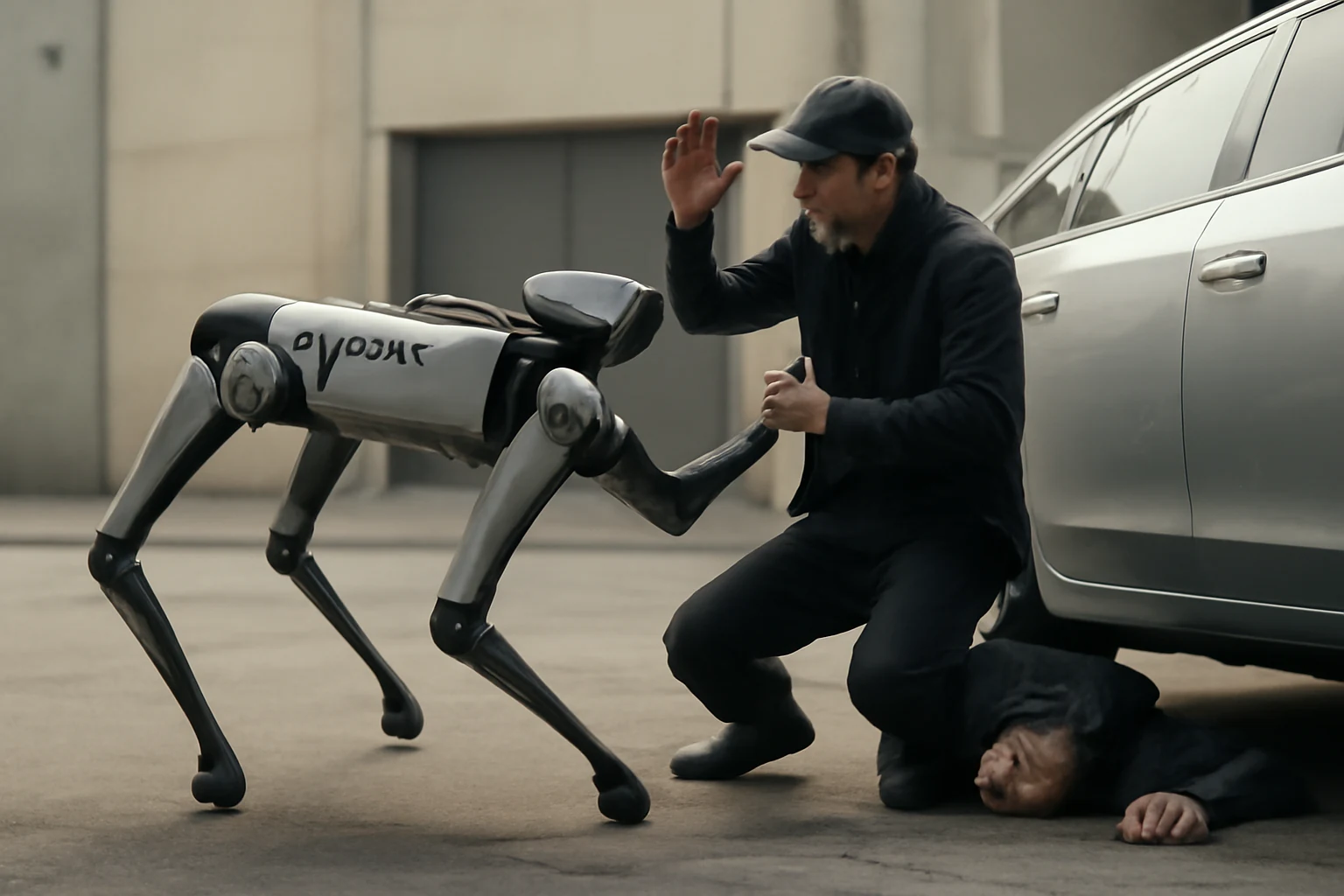 Illustrazione generata con IA per: Unitree mostra H2-X, il robot «guardiano» che disarma e solleva auto: solo un video promozionale