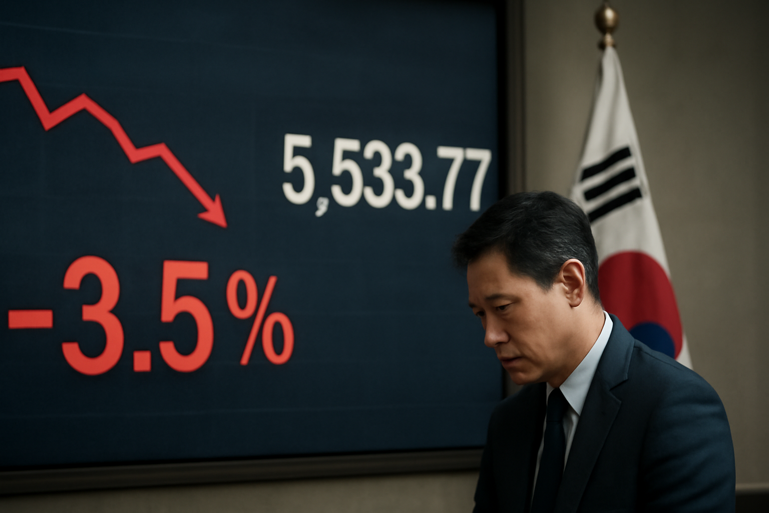 Illustrazione generata con IA per: Seul chiude in calo del 3,5%: prese di profitto sui chip e dubbi sugli investimenti nell'IA