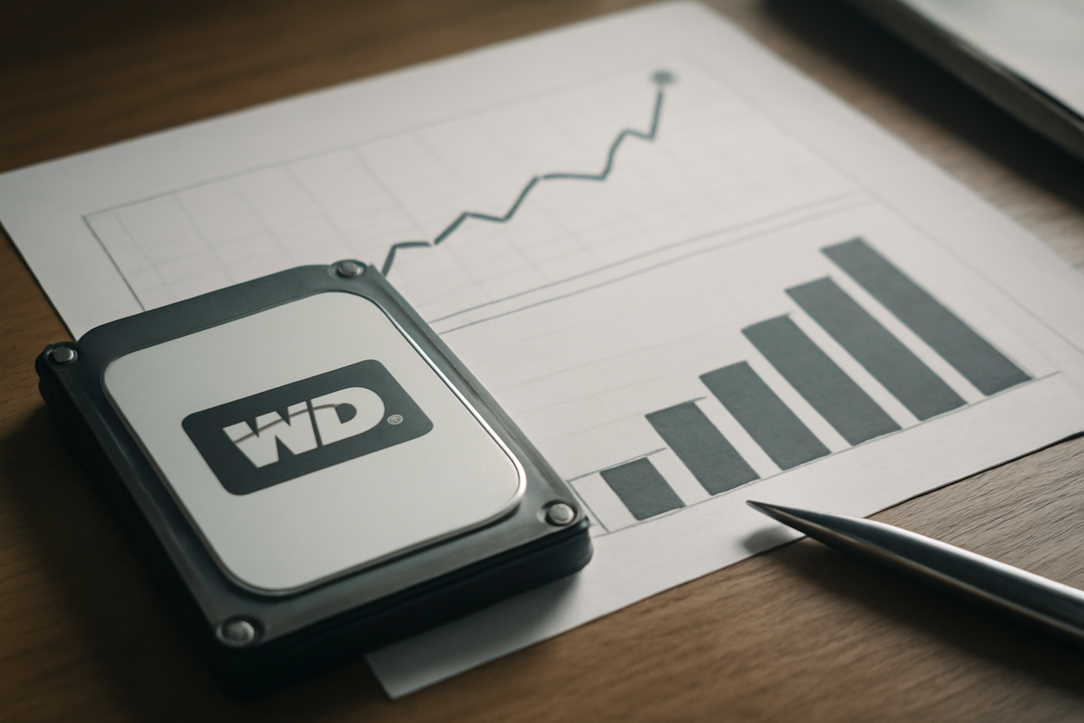 Illustrazione generata con IA per: Western Digital: utili e ricavi in forte crescita nel primo trimestre fiscale 2027, ma l'utile cala sul trimestre precedente