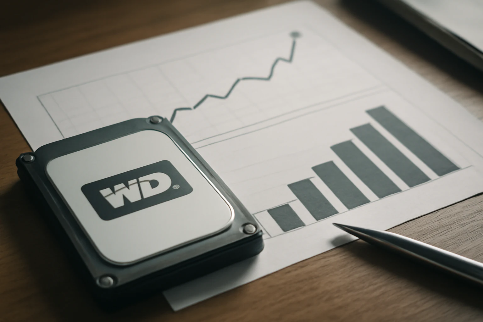 Illustrazione generata con IA per: Western Digital: utili e ricavi in forte crescita nel primo trimestre fiscale 2027, ma l'utile cala sul trimestre precedente