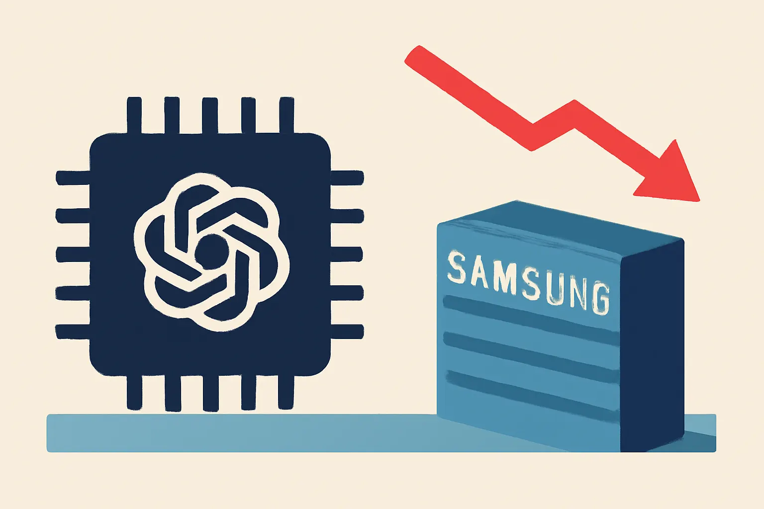 Illustrazione generata con IA per: OpenAI e Samsung rafforzano la cooperazione sulle memorie mentre la carenza di chip stringe il mercato
